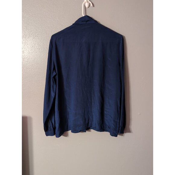 Vintage 1980s Country Suburban Navy Bow Blouse Size 12 Satin - Picture 4 of 6